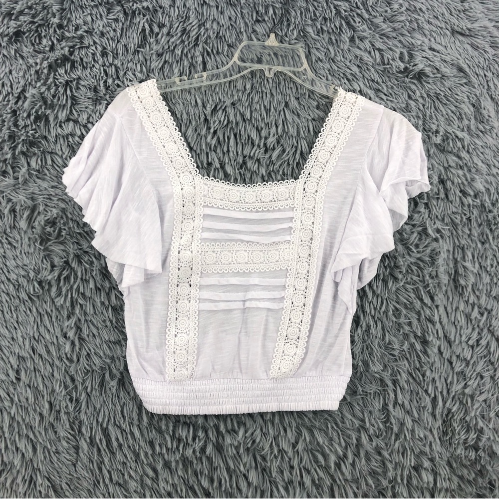 Miss Chievous Blouse Womens Small Lace Accents Flutter Sleeves White Top